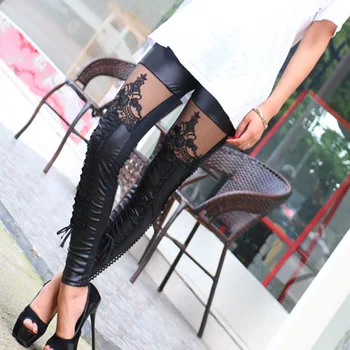 

2017 Punk Women Leggings Embroidery Lace Up Skinny PU Leather Trousers Sexy Lace Patchwork Pants IK88