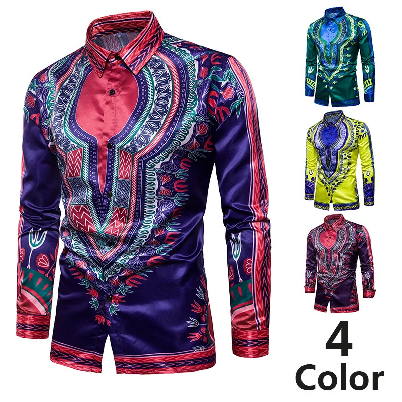 

-[Code] European Ethnic-Style Extra-large Loose Version of the Type Men Printed Long-sleeved Shirt MEN'S Shirts