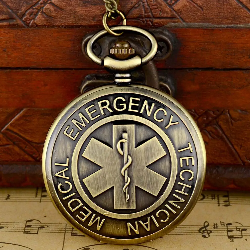 

Classic Vintage Bronze Emergency Medical Technician Quartz Pocket Watch With Chain Retro Men Women Pendant Necklace Clock Gift
