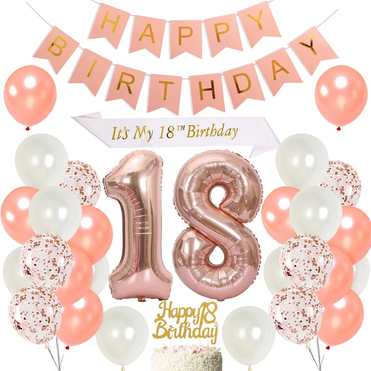 Decoración Para fiesta de cumpleaños de 18 años, juego de Globos de Oro  rosa con adorno para pastel, número 18, globos de aluminio para niña,  suministros para fiesta de cumpleaños|Globos y accesorios| -
