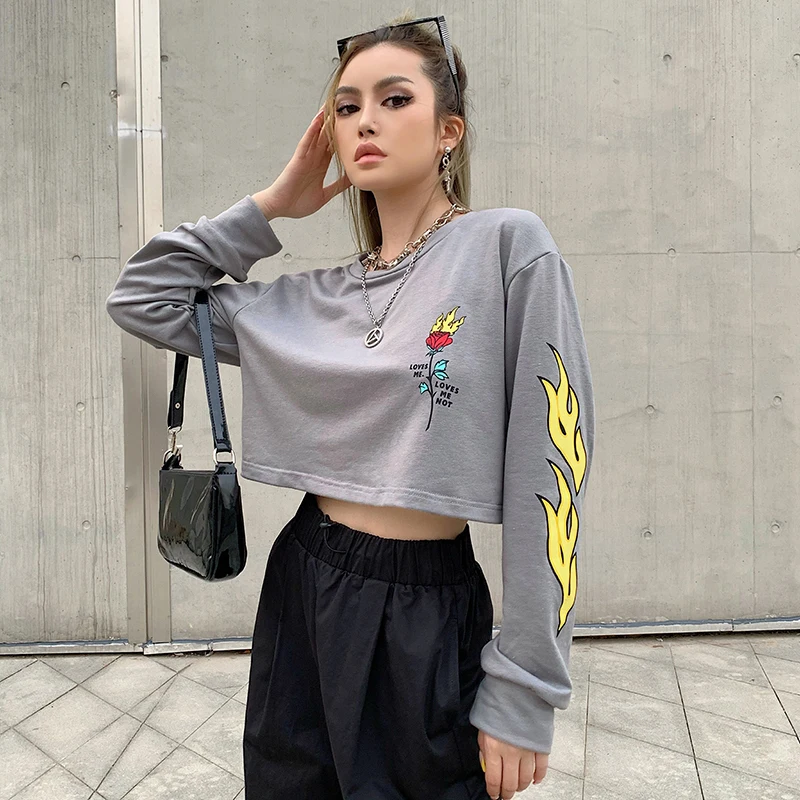 Rapwriter, Модный Топ Harajuku с принтом розы и пламени, Женская толстовка,, круглый вырез, длинный рукав, короткий свитер, пуловеры, топ, осень