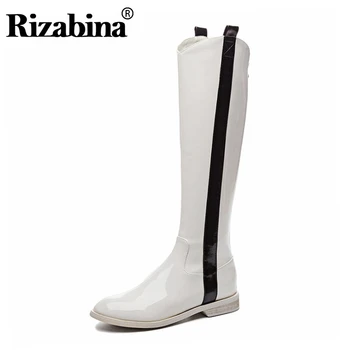 

RIZABINA Patent Leather Women Knee High Boots Zipper Round Toe Long Boots Winter Warm High Quality Women Footwear Size 34-42