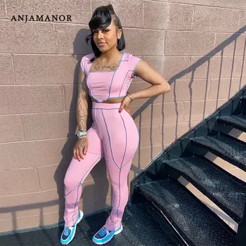 

ANJAMANOR Ribbed Knit Crop Top and Pants Two Piece Set Women 2020 Summer Outfits Fashion Tracksuit Sexy Matching Sets D30-AF19