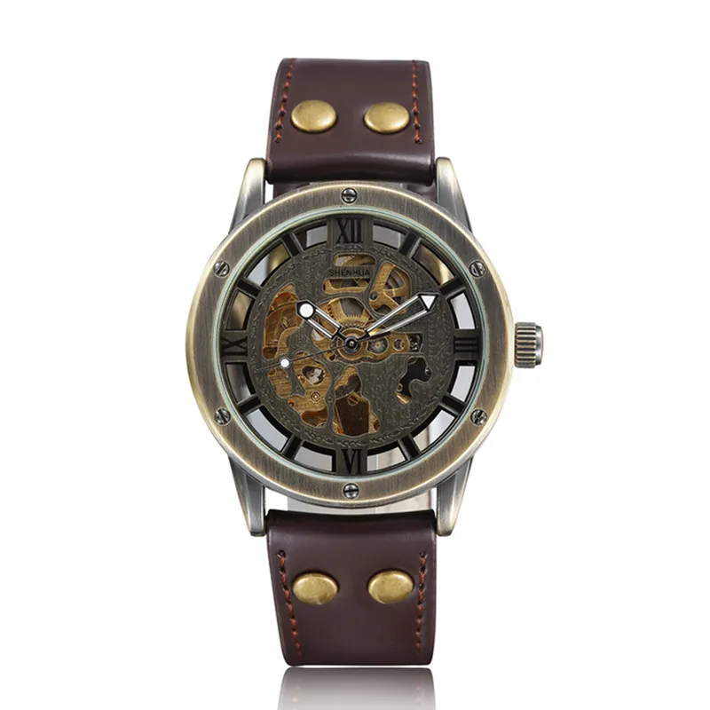 Gorben Brown/Black Leather Strap Automatic Mechanical Watch Skeleton Mens Watch Waterproof Sport Casual Male Wrist Watch