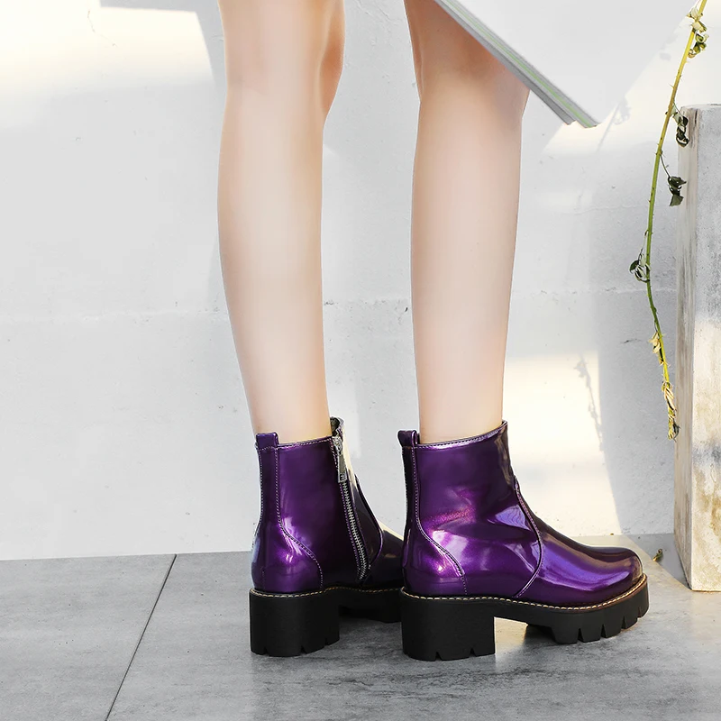 Ботинки martin на платформе в стиле панк; Модные ботильоны из лакированной кожи; Цвет фиолетовый, желтый, черный; женская обувь на среднем каблуке 5,5 см; 32-43CN