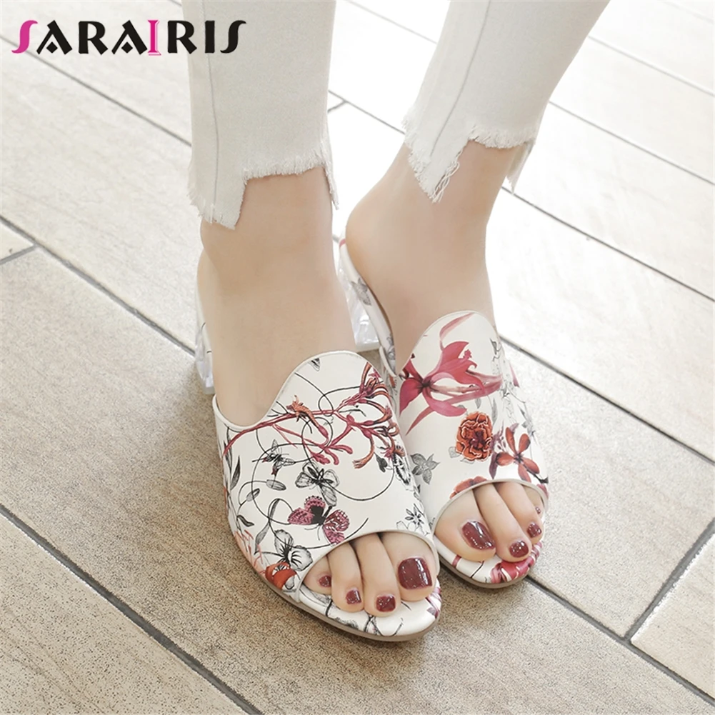

SARAIRIS Hot Sale 32-43 Female Daily Casual Summer Mules slip-on High Chunky Heel Pumps Women Summer Flower Print Shoes Woman