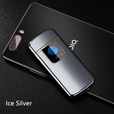 Ice Silver Металлическая USB Зажигалка перезаряжаемая ветрозащитная Зажигалка Портативный светодиодный дисплей сенсорный пальцевый принт прикуриватель аксессуары для курения - Цвет: Ice Silver