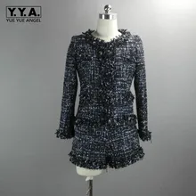 ブランドの女性の秋にスプライシングツイードジャケットショーツツーピース服セットタッセルオフィスパーティーの女性の滑走路ピンクツイルビジネススーツ(China)