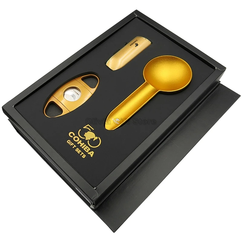 Cohiba 50th Anniversary Edition Golden Metal Cigar Cigarette Tobacco Lighter 3 Torch Flame Ashtray Cutter Gift Set Smoking Tool