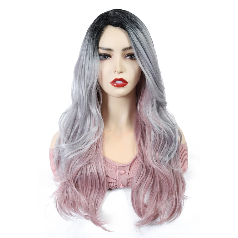Женский парик из синтетической ткани черный корень серый розовый цвет волнистая