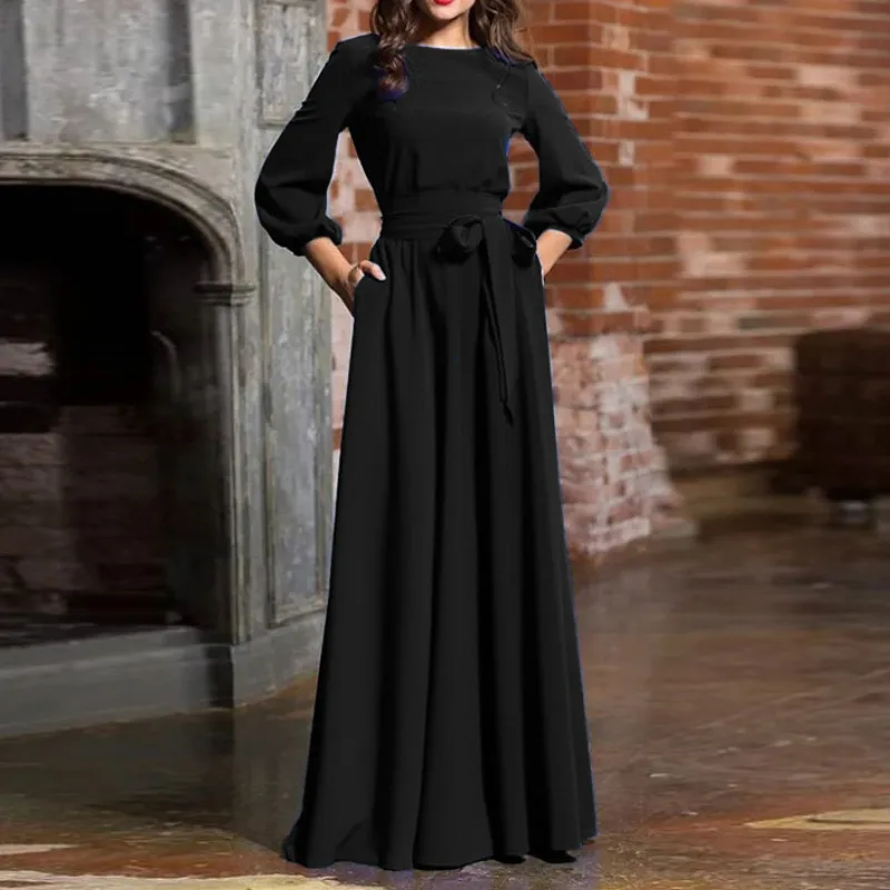 

2020 New Round Neck Long Dress Bohemian Retro Lantern Sleeve Casual Dress One-piece Dress
