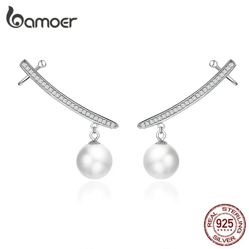 bamoer Silver 925 Jewelry Pearl Long Stud Earrings for Women Clear CZ Wedding Engagement Jewelry Fashion Earrings 2019 BSE299 photo