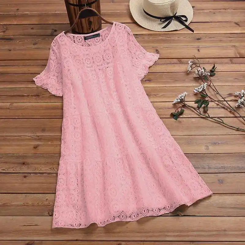 ZANZEA Bohemian Women's Casual Sundress Elegant Lace Patchwork Dress Hollow Tunic Vestidos Female Summer Robe Plus Size 5XL - Цвет: Розовый