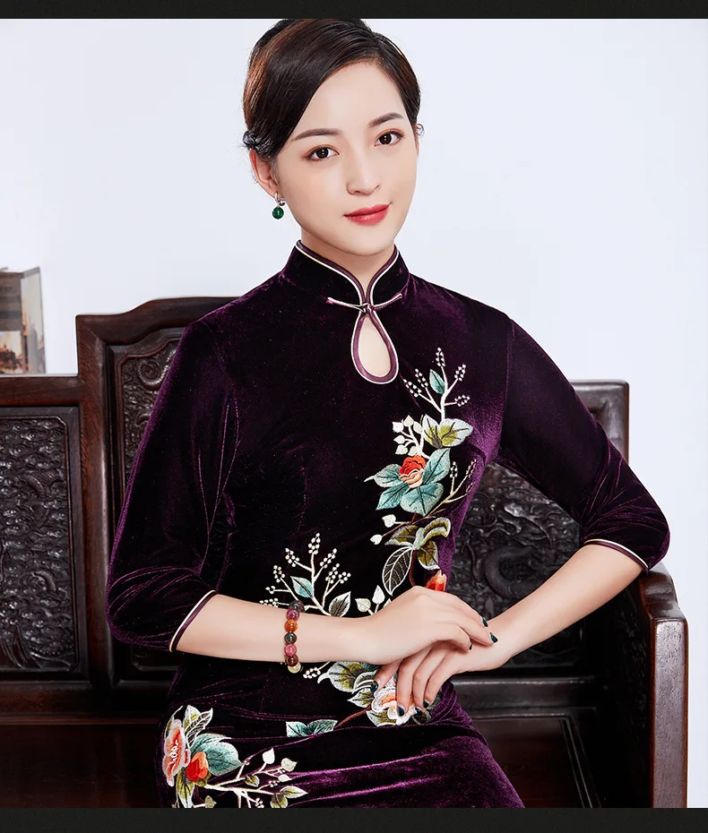 Новое ретро платье для женщин с длинным золотым бархатом cheongsam юбка для мам на осень, вышитое платье для женщин в