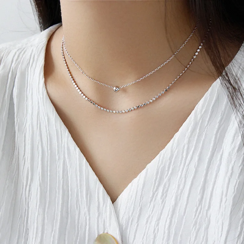 

Authentic 925 Sterling silver flat beads chain & ball lucky Double rows Layers &chain Choker necklace Fine Jewelry TLx515