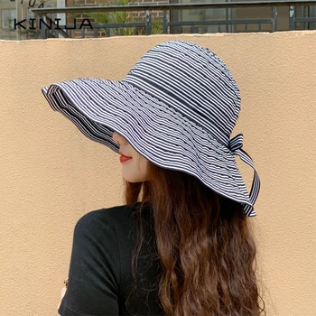 

Zebra Striped Sun Hat Summer Women Foldable Cotton Linen Sun Beach Hats Big Wide Brim uv protection Female Bucket hat outdoors