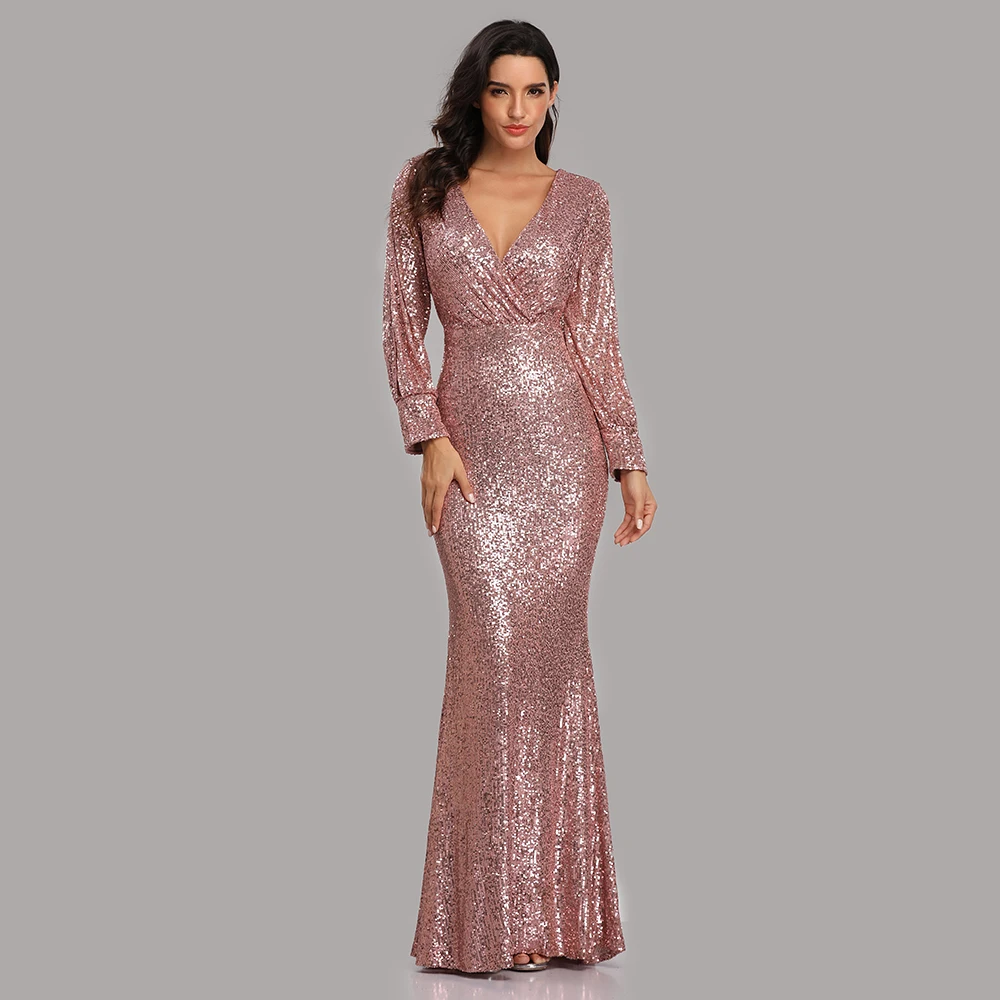 Вечернее платье, длинное, расшитое блестками, элегантное, Robe De Soiree, сексуальное, с глубоким v-образным вырезом, с разрезом, торжественное платье, полный рукав, вечернее платье LT008