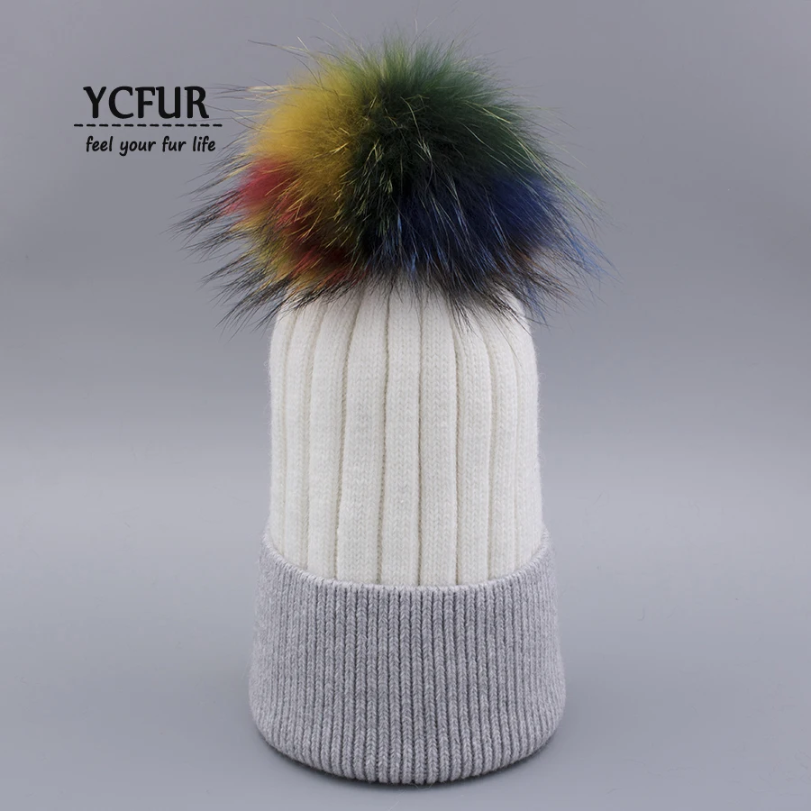 

YCFUR Winter Hats Caps for Women Double Colors Knitted Wool Beanies Skullies with Large Size Fur Pompom Hat Cap Female