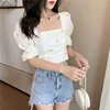 Blouse Et Chemisier Femme Vintage Square Neck Back Bow Bandage Sexy Crop Top Short Sleeve Summer Floral Embroidery Shirts Women 3