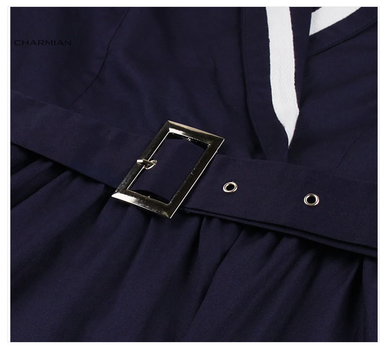 Charmian женское винтажное темно-синее платье с v-образным вырезом и рукавом 7 точек высокая талия с поясом миди ТРАПЕЦИЕВИДНОЕ ПЛАТЬЕ