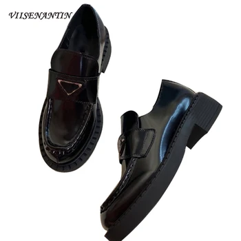 

Gladiator Genuine Leather Round Toe Casual Slip-On Pumps Thick Heel Platform Chunky Metal Triangle Roman Shoes Design for Women