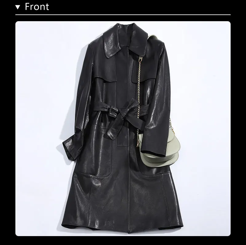Novmoop Office lady slim black khika sheepskin genuine leather jacket women coat with big pocket sashes chaqueta muje LT2821