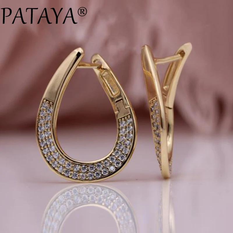 PATAYA New Micro-wax Inlay 585 Rose Gold Earring White Round Natural Zircon Dangle Earrings Women Irregular Fine Fashion Jewelry