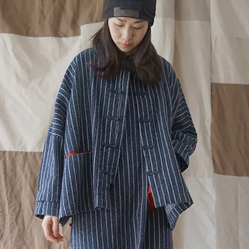 

SCUWLINEN 2019 Autumn Winter Jacket Women Plus Size Loose Striped Plate Buttons Denim Cotton Jackets P119