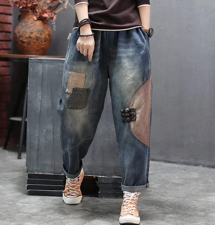 

Autumn Jeans Women Loose Retro Elastic Waist Denim Pants 2019 New Ladies Panelled pocket Scratched Button Casual Trousers