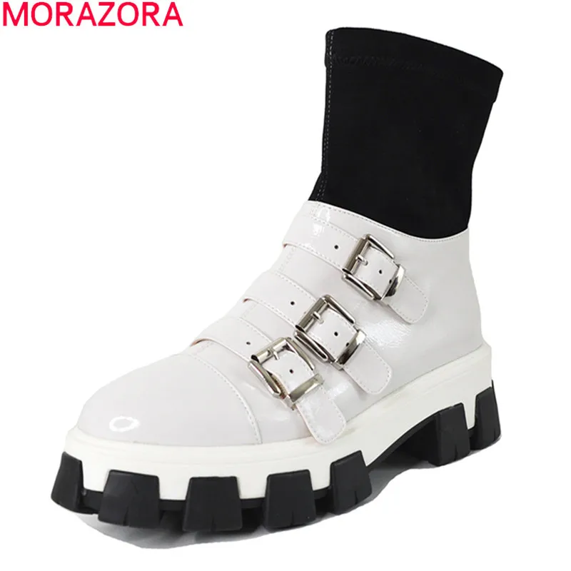 MORAZORA/; Лидер продаж; модная женская обувь на платформе; высококачественные ботильоны из лакированной кожи с круглым носком и пряжкой; сезон осень-зима