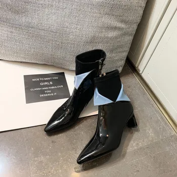 

MLJUESE 2020 women ankle boots cow leather pointed toe zippers winter short plush mixed colors high heels women boots size 34-40