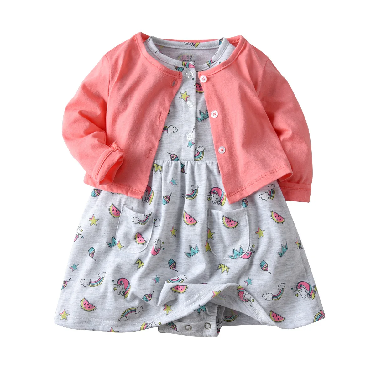 

2019 New Style Dress Cute Fruit Floral-Print 100% Cotton Fabric Baby Girl Long-sleeved Coat Princess Dress Two-Piece Set
