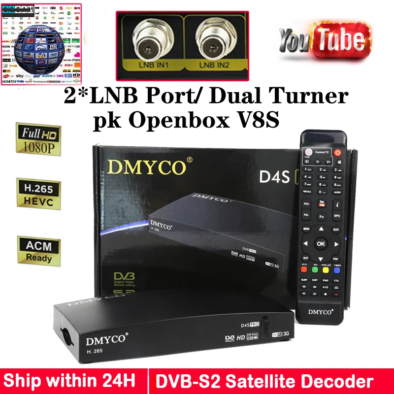 D4S Pro Двойной Тернер спутниковый ресивер DVB S2 HD 1080P ТВ 2 * LNB порт Европа Biss Youtube D4SPRO