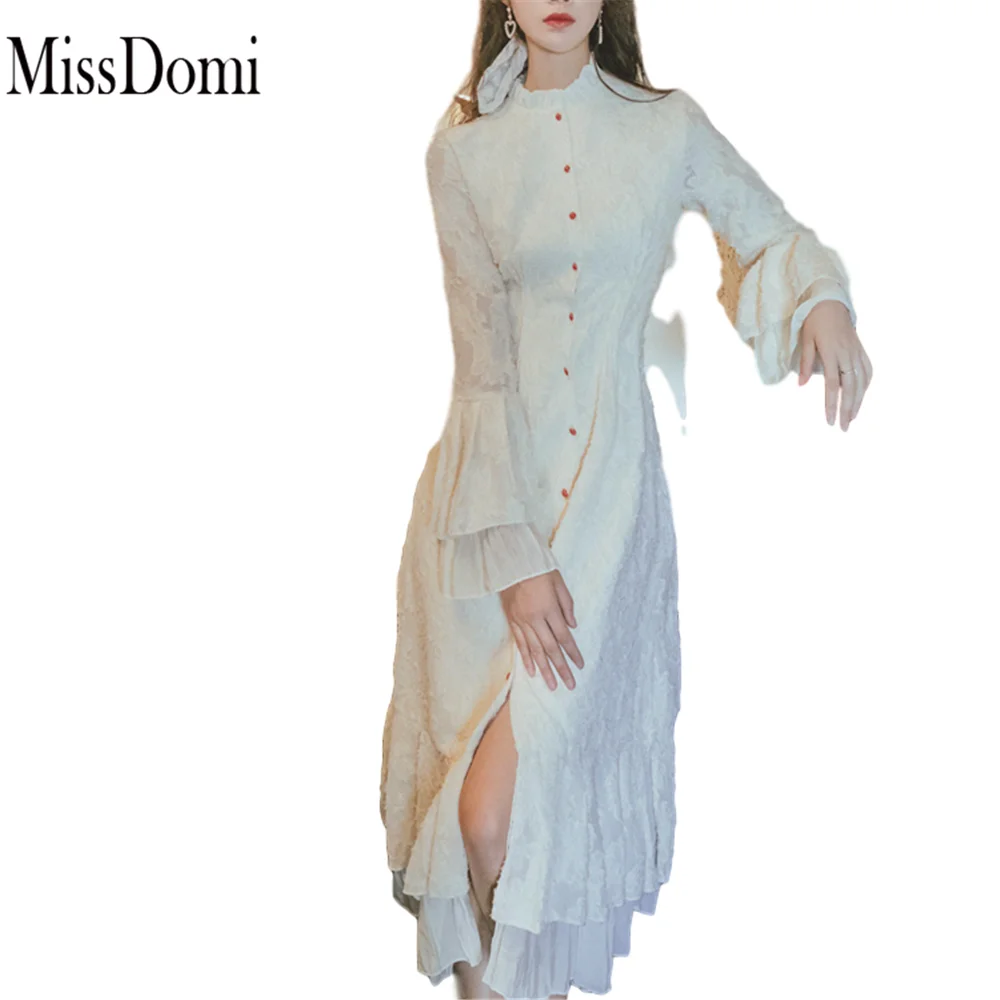 

dress MissDomi Korean vestidos 2020 spring new arrival wholesale Flared Sleeve Retro Chiffon French Sexy Split Neck Dress