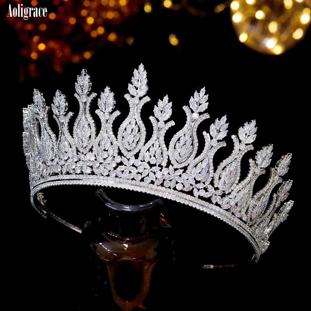 Luxury Big Cubic Zirconia Wedding Crowns Platinum Plated CZ Tall Tairas Unique Design Zircon Birthday Party Sweet 16 Headpieces