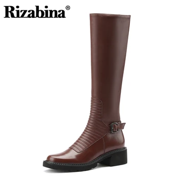 

Rizabina New Women Knee High Boots Real Leather Buckle Women Winter Long Boots Fashion Cool Women Shoes Footwear Size 34-39