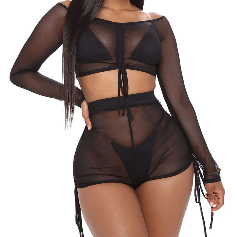 Sexy See Through Mesh Sheer Cover-ups Sets Women Swimwear Solid Color Transparent Long Sleeve Crop Tops+Shorts Beach Cover Ups bikini and cover up set