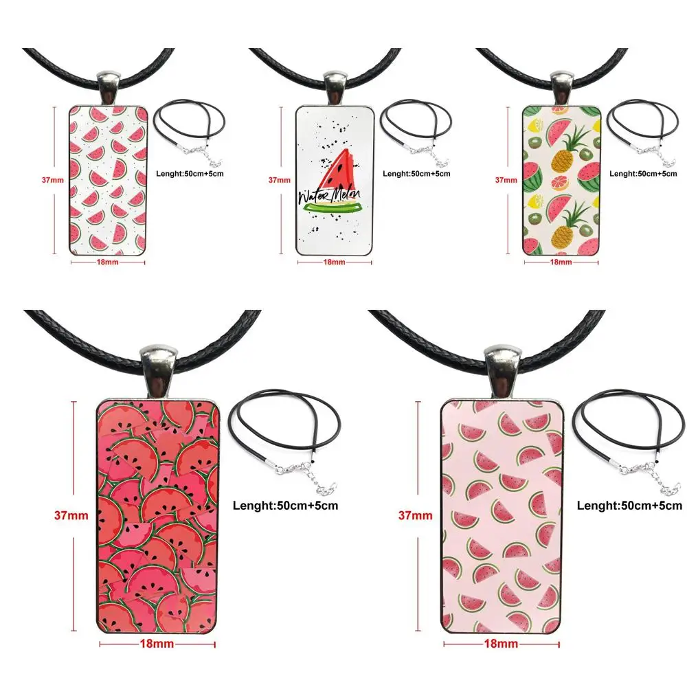 For Women Men Summer Fruit Watermelon Red Pattern Design Fashion Vintage Glass Rectangle Necklace Pendants | Украшения и