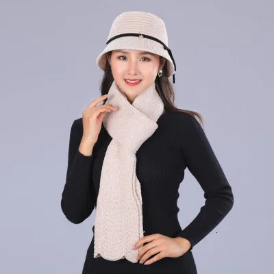 Beige Hat scarf Комплект из 2 предметов, новая зимняя шапка с кроличьим мехом и шарф для женщин, теплые шерстяные толстые шапки, женские зимние повседневные однотонные вязаные шапки - Цвет: Beige Hat scarf