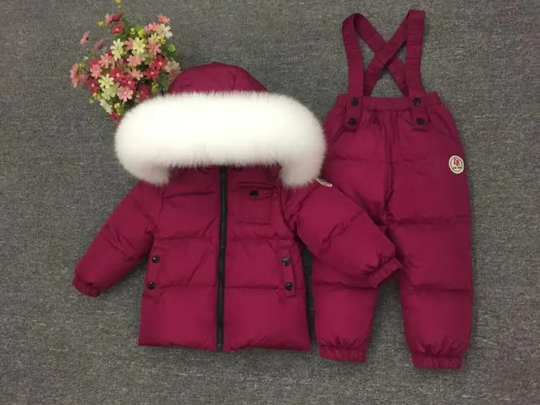 purple red white fur Детский ветрозащитный Теплый зимний комплект, теплая парка, пальто с капюшоном+ штаны, лыжный комбинезон, русский темно-синий зимний костюм, утепленные комплекты одежды - Цвет: purple red white fur
