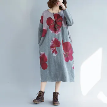 

Fashion 2020 make old print round neck dress literary bump color cotton hemp large skirt