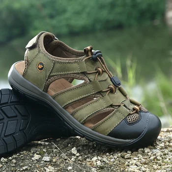 

Summer Casual Men Shoes Anti-Slip Sandal Men Shoes Elastic Band Sandal Leather Men Big Size 38-45 Men Genuine Leather Sandals