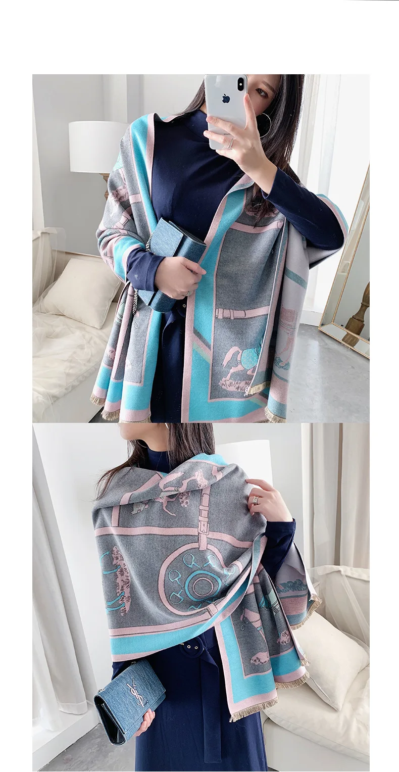 Роскошная цепь перевозки с принтом кашемировые женские зимние шарфы теплые шали и обертывания брендовая дизайнерская Пашмина Толстая накидка-шарф
