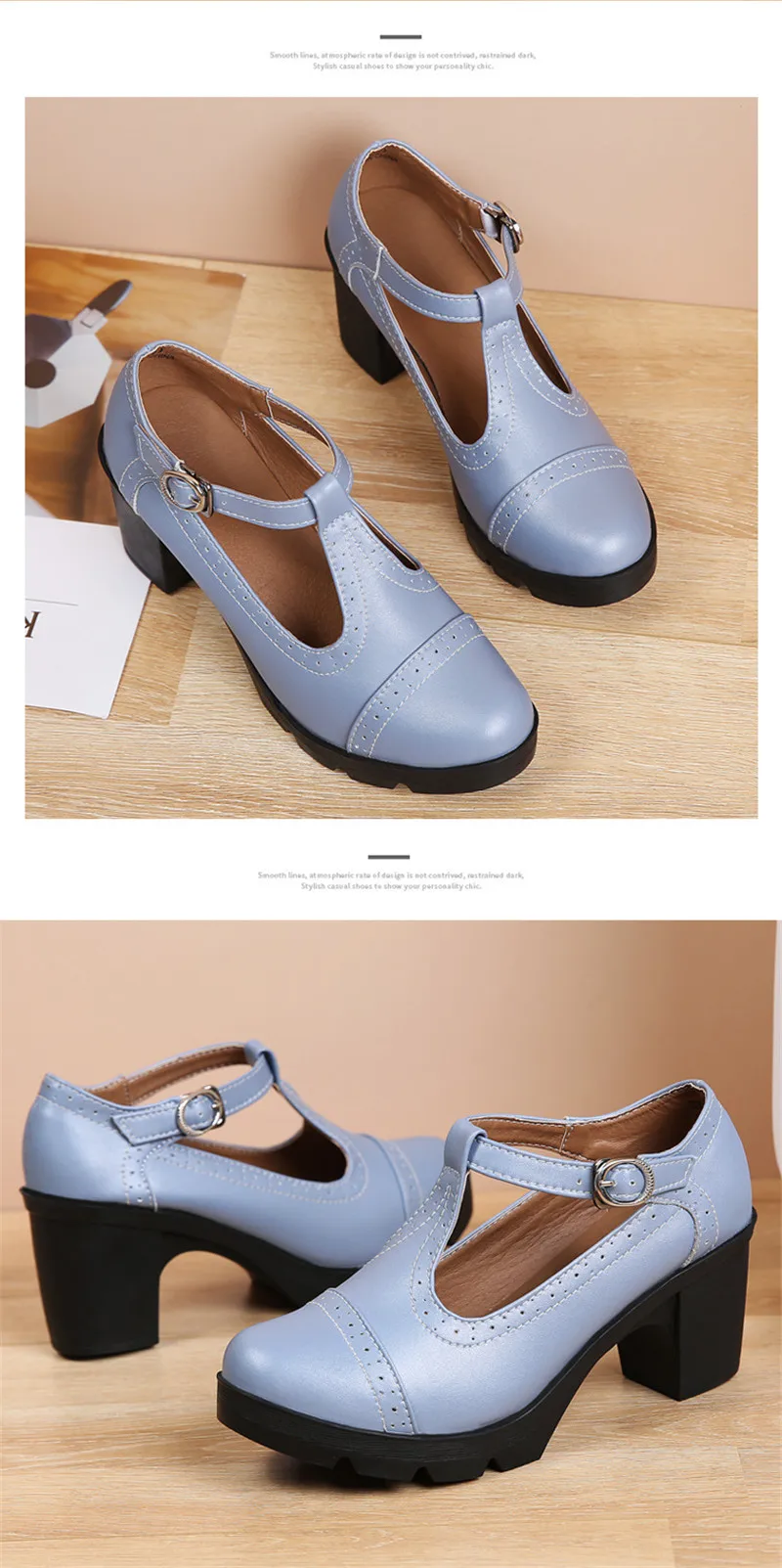Size 34-43 Pumps Women's Shoes Buckle T-Strap Leather Oxfords Shoes Mary Jane Retro Mid-Heel Ladies Platform Single Pumps Shoes (16)