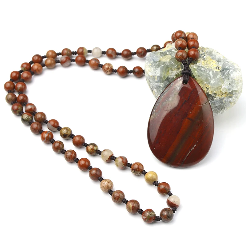 Натуральный 8 мм красная яшма бусы ожерелье для женщин, энергетические ювелирные изделия с подвесками вязаные вручную аксессуары подарок дизайн