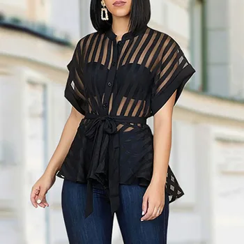 

Black Transparent Women Blouse Tops 2020 Summer Sexy African Female Striped Shirts Batwing Sleeve Casual Femme Blouses Tops