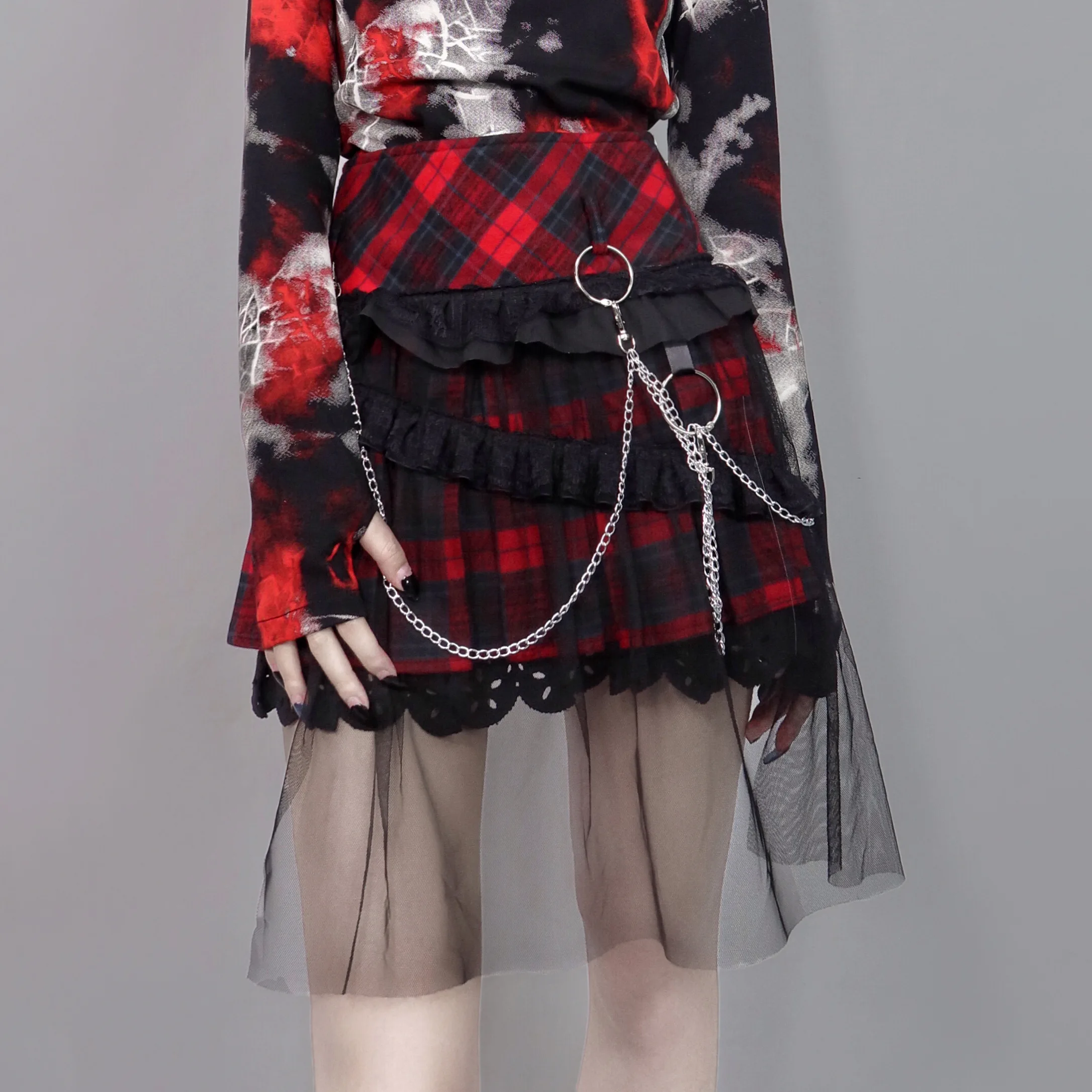 Original Design Punk Red Plaid skirt Stitching Lace mesh Chain Metal Woolen Skirt Autumn and Winter gothic pleated skirt sharkbang large capacity 9 cell metal desk organizer mesh desktop pencil pen sundries badge holder storage box stationery