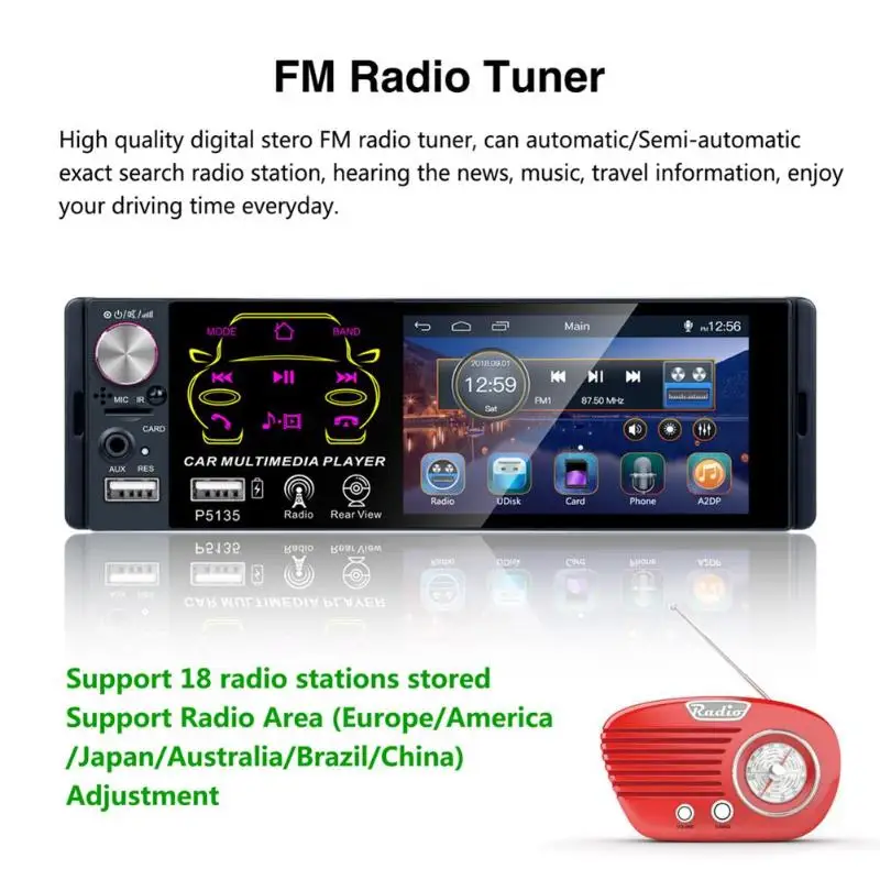Прочный fm-радио портативный тонкий дизайн P5135 4,1 дюймов Автомобильный радиоприемник USB AUX TF Bluetooth головное устройство цифровой медиаприемник