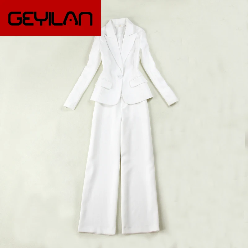 

Professional women's suits two-piece 2019 autumn new slim size white suit jacket female High waist straight wide leg pants suit