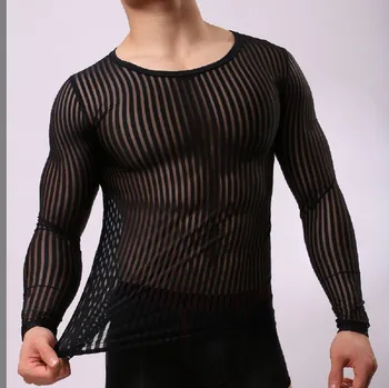 

New Men's Winter Long-sleeved Sexy Transparent Pajamas Sleepwear Sleep Tops Men Nightwear